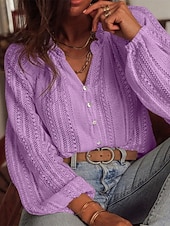 billiga Enkla blusar-Dam Skjorta Dressiga toppar Ihålig Knappar Slät Elegant damer Stylish Långärmad V-hals Vanliga toppar Dagligen Arbete Helgdag Vit Rodnande Rosa Rubinrött Aprikos Vår Höst