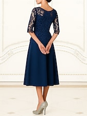  A-Linie Tee-Längen-Partykleid Cocktailkleid Hochzeitsgastkleid Brautmutterkleid 3/4-Ärmel Crew-Ausschnitt elegant vintage formell Spitze mit Spitze