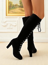  מגפי זמש עם שרוכים עד הברך לנשים, מגפי עקב בלוק בסגנון וינטג' שיק לסתיו &בגדי חורף, קוספליי ולבוש יומיומי