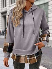 cheap Graphic shop Sweatshirts &amp; Hoodies-Women&#039;s Pullover Hoodie Sweatshirt Plaid Vintage Casual Long Sleeve Hooded Regular Tops Street Casual Sports Drawstring Patchwork Pink Army Green Dark Gray Beige Coffee Fall Winter