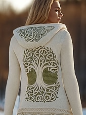 halpa Viikinki-huiput-Naisten Neule Päivittäin Vapaa-aika Kukka Kuvitettu Geometrinen Joustin Hupullinen Tilkkutäkki Tasku Napit Pitkähihainen Tavalliset topit Neuloa ulko- Viikonloppu Beesi Syksy Talvi