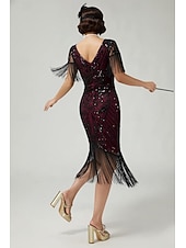  Anni Ruggenti Anni 1920 Lunghezza al ginocchio Abito Flapper Maniche corte Il grande Gatsby Paillettes Frange Scollo a V Costume Per donna Natale Carnevale speakeasy Mascherata Festa a tema retrò