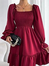 Damen Minikleid Schößchen Kleider Gerafftes Kleid Modern Outdoor Ferien Ausgehen Normale Passform Einfach Langarm Quadrathals Schwarz Wein Armeegrün Leicht Braun Frühling Herbst preiswerte abendkleider-Damen Minikleid Schößchen Kleider Gerafftes Kleid Modern Outdoor Ferien Ausgehen Normale Passform Einfach Langarm Quadrathals Schwarz Wein Armeegrün Leicht Braun Frühling Herbst