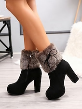 ieftine Cizme de zăpadă și iarnă-Ghete de damă cu platformă, din blană artificială, din piele întoarsă de culoare cămilă, cu detalii de legături și toc gros - ghete de iarnă călduroase și elegante, pentru purtare zilnică și de sărbători