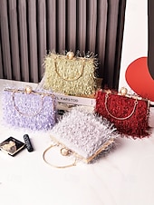 tanie Torby i torebki-Damska torebka na imprezę świąteczną – elegancka wieczorowa torebka z piórami w kolorze czerwonym i zielonym, ze złotym uchwytem i perłowym zapięciem – świąteczny prezent dla kobiety – szykowny, świąteczny styl na uroczystości bożonarodzeniowe