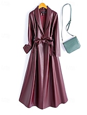 billiga Jackor i konstläder-Dam Imitationsläderjacka Trenchcoat Håller värmen Bekväm knyt fram Ficka Knappar Mode Slät Semester Gata Utekväll Helgen Lång Nedvikt Normal Långärmad Ytterkläder Svart Vin Rubinrött Höst Vinter