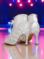 billige Dansestøvler-Svarte damesko med høy hæl og netting i netting og strass, stilige latinske ballroomsko med åpen tå for salsa og tango &amp;sceneopptredener