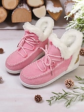 olcso Női karácsonyi cipők-Női Csizmák Hócipők Fűzős csizmák Téli csizma Karácsony Napi Gyapjú bélelt Csizmák Bokacsizmák Lapos Kerek orrú Alkalmi Műszőrme Ruhaanyag Papucs Fekete Rózsaszín Piros