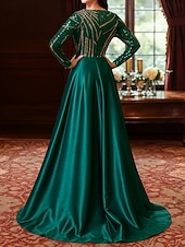 preiswerte Bodenlänge-A-Linie Bodenlang Kleid für Hochzeitsgäste Abendkleid Flattriges Kleid Brautmutterkleid Langarm V Ausschnitt Rundausschnitt Elegant Glanz &amp; Glamour Formell Formeller Abend Hochzeitsfeier Tüll mit