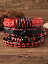 levne Pánské šperky-Pánská sada náramků z umělé kůže, červeno-černé tkané náramky s detaily zlého oka a korálků, stylové na Vánoce, různé vzory