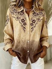 economico Bluse Floreali-Camicia da Donna in Lino Leggera e Traspirante Grafica Floreale Paisley Elegante Vintage Tropicale Maniche Lunghe Collo Top Regolari per il Lavoro Stampa Rosa Blu Khaki Estate Primavera Autunno