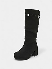 cheap Fashion Boots-Women's Red Suede Slouch Boots with Buckle Detail, Chunky Block Heel, Stylish and Comfortable, Perfect for Winter, Christmas and Casual Occasions