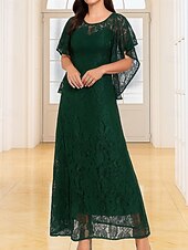 abordables Longueur du plancher-Ligne A Longueur au sol Robe de Cérémonie Robe de soirée Manche Courte Col ras du cou Élégant ancien Fête Dentelle Polyester Robe de Mère de Mariée  avec Dentelle