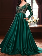preiswerte Bodenlänge-A-Linie Bodenlang Kleid für Hochzeitsgäste Abendkleid Flattriges Kleid Brautmutterkleid Langarm V Ausschnitt Rundausschnitt Elegant Glanz &amp; Glamour Formell Formeller Abend Hochzeitsfeier Tüll mit