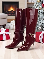 levne Módní boty-Dámské vínové lakované kozačky z imitace kůže se zlatou přezkou, špičatou špičkou a stylovým jehlovým podpatkem, ideální na Vánoce, vánoční večírky a slavnostní příležitosti.