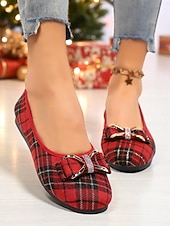 baratos Sapatilhas de mulher-sapatilhas femininas xadrez vermelhas com laço de strass – sapatos sociais elegantes e fáceis de calçar para uso diário, escritório e festas de Natal