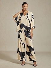 preiswerte Damenhosen-Damenhose mit weitem Bein, Satin, abstrakter geometrischer Druck, elastische Taille, plissiert, lässig, Urlaub, elegant, Frühling, Sommer, Herbst