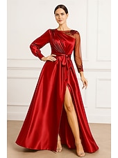 Недорогие Платья на вечер в стиле А-силуэта-А-силуэт Вечернее платье Элегантный стиль Торжественное платье Официальные Свадьба В пол Длинный рукав Иллюзионный декор Карман Сатин с Рюши 2025