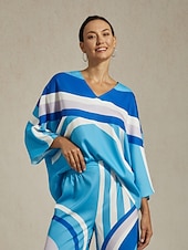  Dames satijnen V-hals losse pasvorm dolman mouwen blauwe geometrische print pullover top