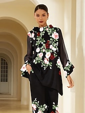 お買い得  シャツ、トップス、ブラウス-レディースブラウス ブラック 花柄 ストレッチ シフォンスリーブ バトーネック カジュアル 快適 春 夏 秋 バケーション