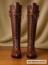 お買い得  ファッションブーツ-女性用本革ニーハイブーツ、高級牛革素材、レースアップとバックルのディテール、ブロックヒール、女性用都会的なカジュアルファッションフットウェア