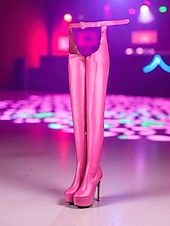 お買い得  プラットフォームブーツ-レディース ホットピンクのパテントレザー サイハイ プラットフォームブーツ - ナイトクラブやパーティーの装いにぴったりのセクシーなスティレットヒールのオーバーニーブーツ
