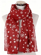 abordables Bufandas de mujer-Bufanda navideña de copo de nieve para mujer, diseño festivo en rojo y blanco con copos de nieve metálicos, material de poliéster suave, perfecta para fiestas navideñas y ropa de invierno.