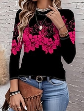 abordables T-shirt rayé et géométrique-Femmes T-shirt Imprimé Fleuri Graphique Plantes ancien Mode Élégant manche longue Col ras du cou Col rond Hauts Réguliers Quotidien Week-end Rose Automne Hiver