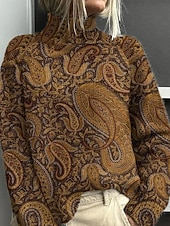 baratos Pulôveres e Tops-Mulheres Suéter Casual Macia Floral Gráfico Estampado Cashemere Estriado Gola Alta Floral Tricotado Imprimir Manga Longa Tops regulares Tricotar Ao ar livre Diário Final de semana Castanho Claro