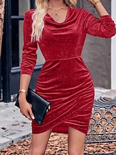 tanie Sukienki świąteczne-Świąteczna welwetowa mini sukienka damska sukienka dopasowana sukienka bodycon elegancka na przyjęcie urodziny wesele gość na przyjęciu w jednolitym kolorze z długim rękawem dekoltem cowl w winie