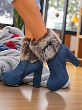 ieftine Cizme de zăpadă și iarnă-Ghete de damă cu platformă, din blană artificială, din piele întoarsă de culoare cămilă, cu detalii de legături și toc gros - ghete de iarnă călduroase și elegante, pentru purtare zilnică și de sărbători