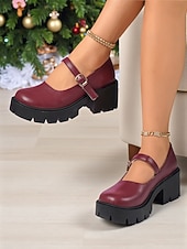 baratos Sapatos Mary Jane-Sapatos plataforma mary jane femininos bordô com tira de fivela, sola grossa, estilo casual e chique para inverno, natal e uso diário
