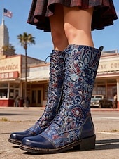 economico Barocco &amp; Dichiarazione-stivali alti fino al ginocchio da donna, con lacci ricamati rossi, con tacco a blocco, anni '50 – stivali in pelle con motivo floreale per abbigliamento casual e stile western