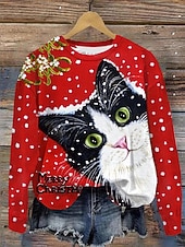 levne Zvířata vrcholy-Dámské Pullover Tisk Grafika Kočka Teplé Klasické Na běžné nošení Dlouhý rukáv Tričkový Běžné topy Ležérní Domů ulice Vodní modrá Světlá růžová Rubínově červená Podzim Zima