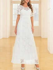 abordables Longueur du plancher-Ligne A Longueur au sol Robe de Cérémonie Robe de soirée Manche Courte Col ras du cou Élégant ancien Fête Dentelle Polyester Robe de Mère de Mariée  avec Dentelle