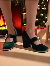 billiga 50-tals retro-Gröna Mary Jane-klackar i sammet med grov blockklack och pärlspänne - vintage retro-skor från 1950-talet för damer, perfekta för julfester och bröllop. &amp;kvällsevenemang