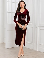 preiswerte Teelänge-Schlauchkleid Tee-Länge Partykleid Cocktailkleid Figurbetontes Kleid Langarm V Ausschnitt Elegant Formell Spandex Polyester Brautmutterkleid mit Perlenstickerei