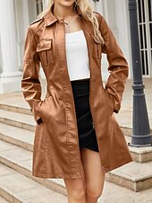 billiga Jackor i konstläder-Dam Imitationsläderjacka Trenchcoat Bekväm Knappar Ledigt Slät Utomhus Semester Helgdag Utekväll Lång Nedvikt Normal Långärmad Ytterkläder Svart Vin Kamel Vår Höst