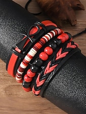 levne Pánské šperky-Pánská sada náramků z umělé kůže, červeno-černé tkané náramky s detaily zlého oka a korálků, stylové na Vánoce, různé vzory