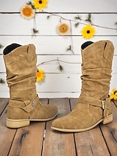 abordables Botas holgadas-Botas holgadas de mujer en marrón oscuro con hebilla: botines informales de tacón bajo para uso diario.