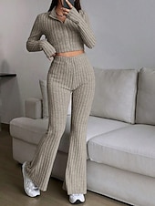 cheap Women's Blouse Suits-Women's Pants Sets Bolero Top Long Sleeve Shirt Collar Solid Color Zipper Fashion Streetwear Casual Daily Outdoor Black Wine Camel Spring Slim