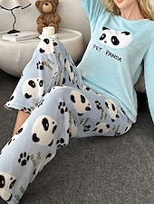 cheap Women&#039;s Sleep Tops &amp; Bottoms-Women&#039;s Pajamas Loungewear Pajama Set Flannel Warm Fashion Panda Elastic Waist Pant Home Daily Long Sleeve Crew Neck White Pink Light Blue Fall Winter Loose Fit