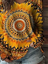 voordelige Boho t-shirt-Vrouwen Boho T Shirt Graphic Tribaal Vintage Stijlvol Casual Lange Mouwen V-Hals Reguliere Tops Dagelijkse Print Geel Lente Herfst
