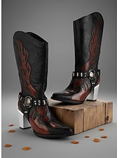 economico Stivali da cowboy e occidentali-Stivali da cowboy western da donna con ricami a fiamma - stivali gotici neri e marroni con tacco grosso a metà polpaccio per Halloween, festival musicali e abiti da rodeo