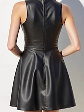 baratos Vestido Simples-Mulheres Minivestido Vestido de couro Moda Moderno Diário Escritório Férias Normal Tecido Sem Manga Gola Redonda Preto Primavera Outono Inverno