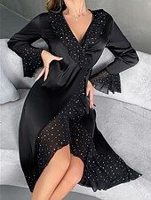 economico Pigiama natalizio-Pigiama da donna di Natale vestito da notte alla moda semplice e dolce colore puro vestito con cordino casa maniche lunghe scollo a V nero primavera autunno inverno fit regolare