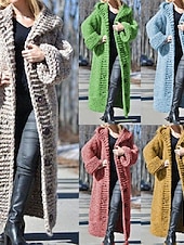 abordables Cárdigans y prendas de abrigo-Mujer Pulóveres Cárdigan Elegante Moda Ropa de calle Color sólido Con Capucha Retazos Botones De Punto Manga Larga Tops largos Tejer Exterior Diario Noche Negro Amarillo Otoño Invierno