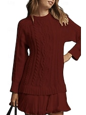 cheap Sweater Dresses-Women's Sweater Dress Casual Soft Pure Color Ribbed Crew Neck Ruffle Knitted Long Sleeve Regular Tops Knit Outdoor Daily Weekend Black Pink Fall Winter