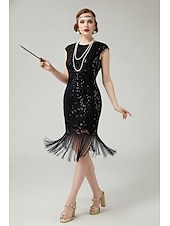  Roaring 20s 1920s Knee Length Flapper Dress Cap Sleeves The Great Gatsby Sequins Fringe Scoop Neck Fancy Dress Women's Christmas Carnival speakeasy Masquerade Retro Theme Party Adults' Dress