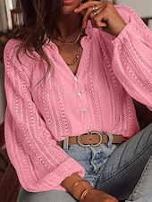 billiga Enkla blusar-Dam Skjorta Dressiga toppar Ihålig Knappar Slät Elegant damer Stylish Långärmad V-hals Vanliga toppar Dagligen Arbete Helgdag Vit Rodnande Rosa Rubinrött Aprikos Vår Höst